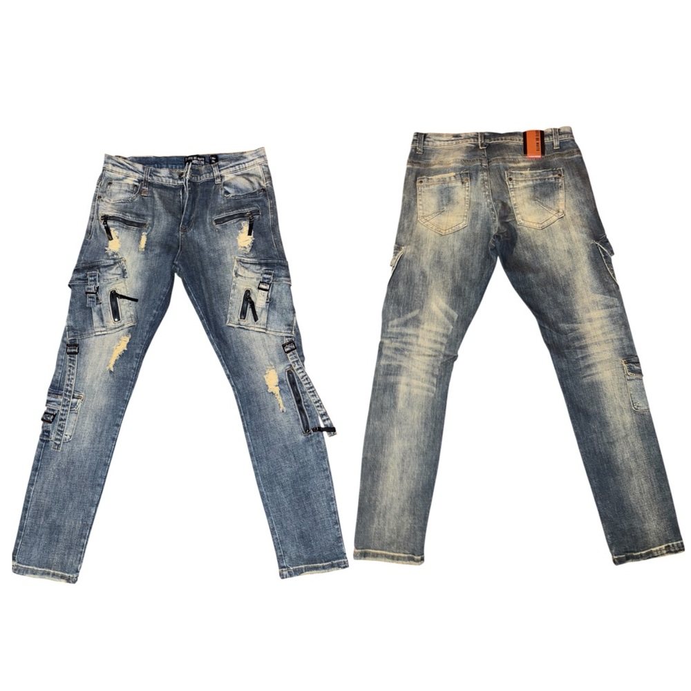 NWOT Men Côte De Nuits Distressed Blue Jeans with Zipper Details